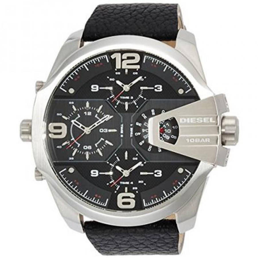Diesel DZ7376 Uber Chief Oversized 4-Time Men's Watch – Black Dial & Black Leather Strap