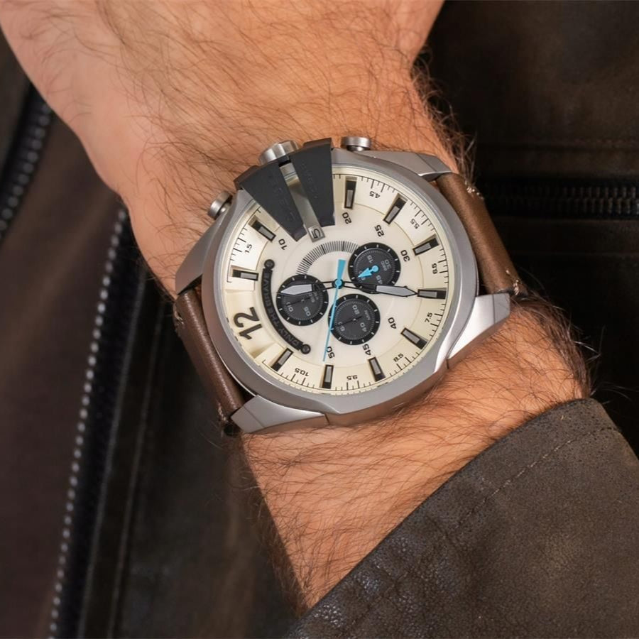 Diesel DZ4280 Mega Chief Chronograph Men's Watch – White Dial & Brown Leather Strap